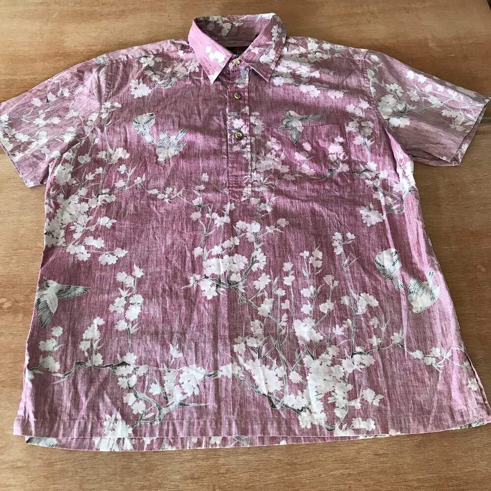 Ono Hawaiian Shirt Men L Red Floral Button Up Pullover Pocket Short Sleeve 17029